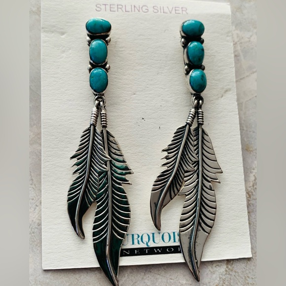 Jewelry - Sterling Silver and Turquoise Feather Dangle Earrings